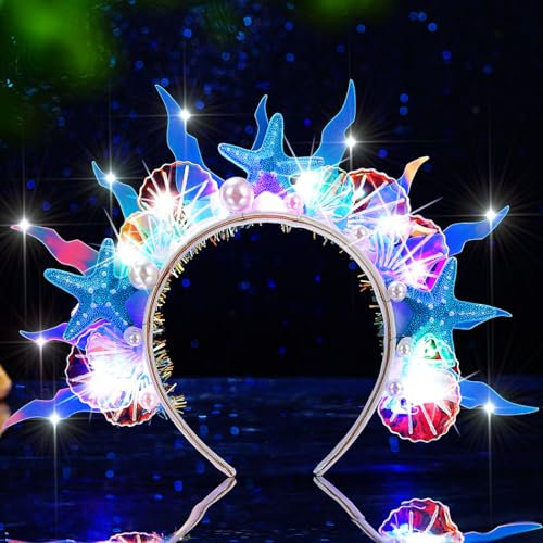 Flovel Bandeau Lumineux Sirène LED Phosphorescente en Forme d'étoile de Mer Serre tête Coquillage Accessoires pour Cheveux en Perles pour Femmes