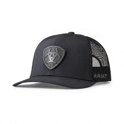 ARIAT Men's Metal Shield Cap, Snapback, Structured, Mesh Back, Black, One Size