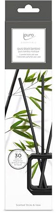 ipuro Essentials Scented Stick Black Bamboo Set mit Vase Schwarz - Raumerfrischer, Raumduft mit frischem Duft & stilvoller Keramikvase - Langanhaltender Duft ohne Flüssigkeit - Duftstäbchen aus Holz