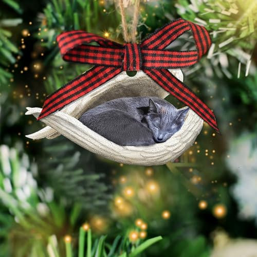 Talataca Russische blaue Katze, 2D, flache Holz-Weihnachtsdekoration, russische blaue Katze, schlafender Engel, Gedenktannenbaum, Dekoration, hängendes Haus, Anhänger, Abend, Holzautospiegel-Zubehör,
