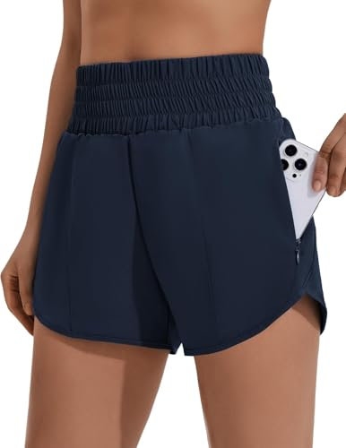 PINSPARK Damen Sport Shorts High Waist Laufshorts 2 in 1 Kurze Sporthose Laufen Yoga Fitness Jogging Trainingshose mit Reißverschlusstasche Marineblau M