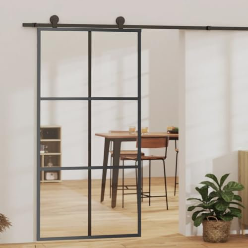 AUVYI Puertas correderas para almacenes, transparentes y negras, 102 x 205 cm, vidrio templado y aluminio, puerta de cocina, garajes, puertas interiores, puertas de cristal, puertas de cristal, puerta