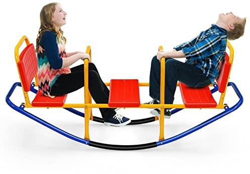 GOPLUS Columpio Balancín con 3 Asientos para Niños, Asientos y Asas Ergonómicos, Juego de Escalera Interactivo para Niños, 137x40x59,5cm (Rojo)