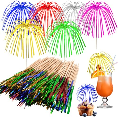 Omsscun 320 Pcs Fireworks Cocktail Sticks, Palm Tree Picks Cocktail Sticks | 18cm Cocktail Accessories for Drinks, 6 Colours, Reusable, Cocktail Sticks for Wedding Summer Party Cupcake Fruit Drinks Food