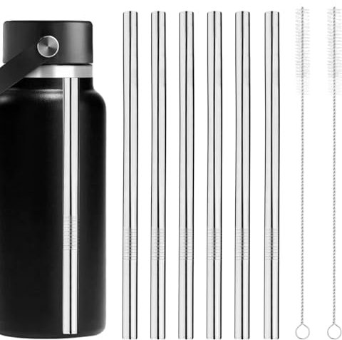 6pcs Metal Straw Replacement for HydroFlask Water Bottle 32oz, Stainless Steel Cup Reusable Straws with Brushes Parts Accessories Supplies Compatible with Hydro Flask Wide Mouth Bottle(Silver)