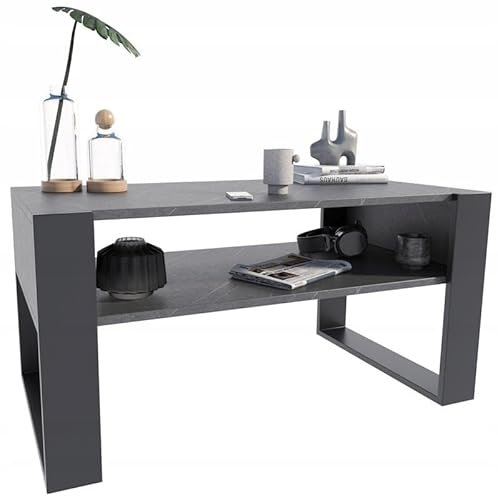 MATKAM Couchtisch KAJA H50 x B100 x T53,6 cm Loft Retro, offene Ablage unter der Tischplatte, Kufenbeine (Naturstein)