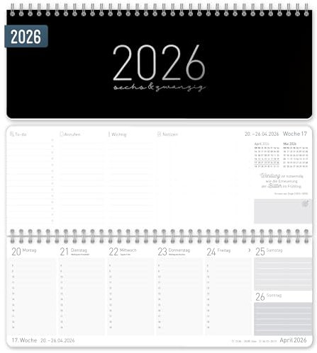 Häfft® Wochen-Tischkalender 2026 quer Black Edition 1 Woche 2 Seiten, Schreibtisch-Kalender mit Sprüchen, Wochenkalender 29,7 x 11,6 cm - nachhaltig & klimafreundlich