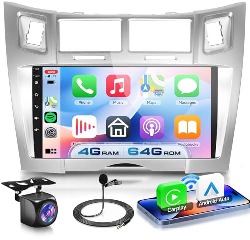 VECHTEL 4G+64G Android 15 Radio de Coche para Toyota Yaris/Vizi 2005-2011, 9 Pulgadas HD de Pantalla Táctil Radio con Carplay Android Auto Inalámbrico GPS Wi-Fi USB Bluetooth 5.0 Radio FM RDS Cámara