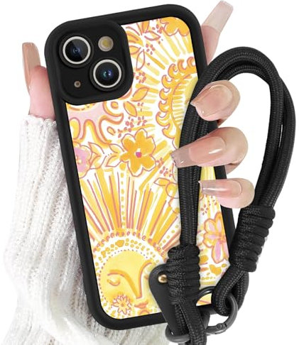 Yirlbey Coque pour iPhone 14 Plus avec Cordon de Bracelet, Silicone Étui avec Aesthetic Soleil Jaune Motif Design, Antichoc Bumper Housse avec Lanyard Cover Case pour iPhone14 Plus 6,7, Sun