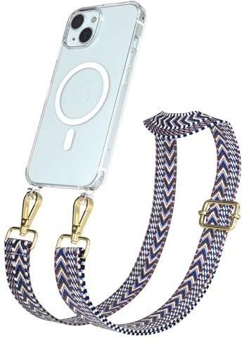 EAZY CASE Handykette - Verstellbares Taschenband kompatibel mit iPhone 15, Schulterriemen, Handykordel mit Silikon Hülle, Qi Charging kompatibel, Umhängetasche, Blau Weiß Gold