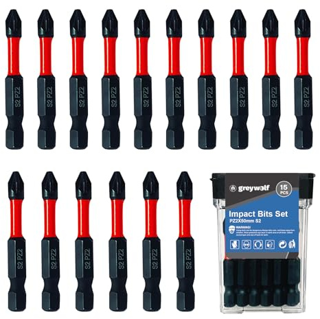 Greywolf 15 pcs Impact Bits, S2 Steel PZ2 Non-Slip Phillips Screwdriver Bits, 2/50mm Magnetic Screwdriver Bit Set, 1/4 Hex Shank, Suitable for Electric Drills, Impact Drills