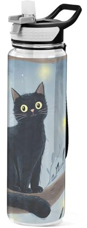 Black Cat-Sports Water Bottle 1L Leakproof Design Water Bottle, BPA Free Tritan Plastic Drinking Bottle for School, Office, Gym, Cycling