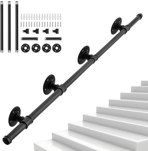 243cm Handlauf Schwarz Schmiedeeisen Wandhandlauf, mit Wandhalterung | Kaliber:ø25 mm,Geeignet für den Innen- und Außeneinsatz Treppengeländer, mit Endkappen