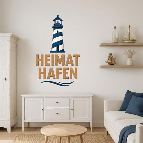 Maritimes Wandtattoo Heimathafen Leuchtturm selbstklebend | Größe 2 | 58 x 94 cm, blau; maritime Wanddeko als selbstklebende Vinylfolie für Bad, Flur und Kinderzimmer