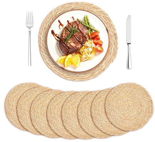 8 Stück Tischset Rund, Platzset aus Wasserhyazinthe Handgewebt Platzdeckchen, Boho Tischuntersetzer Natur Tischsets Platzsets Telleruntersetzer für Esstisch, Küche, Boho Deko (30cm)