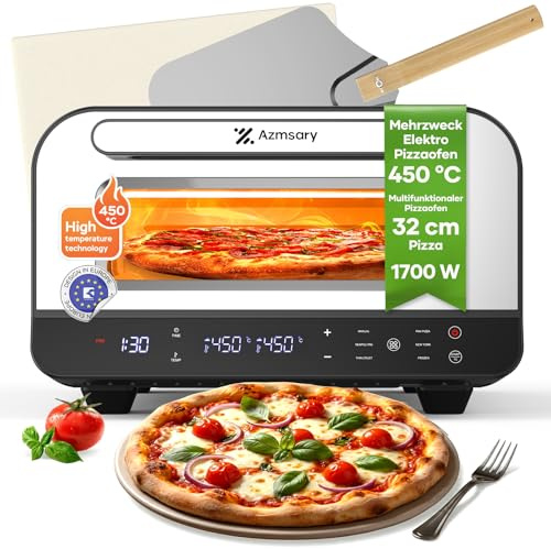 Elektrischer Pizzaofen – 6 Programme, 1700W, max. 450°C, geeignet für 32cm Pizzen – 5-in-1-Multifunktion: Pizza, Grillen, Warmhalten, Backen und Kochen – inklusive Pizzastein und Pizzaschaufel