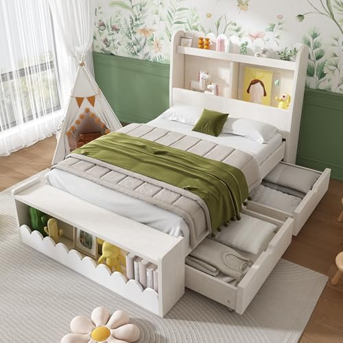 IHO SOFA Einzelbett Kinderbett Holzbett 90x190 cm mit 2 Schubladen & Sitzbank | Stauraumbett mit Regal & Lattenrost | Massivholzbett in Weiß/Eiche für Kinderzimmer (Ohne Matratze)