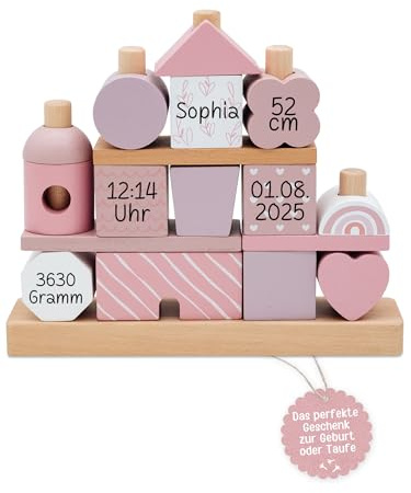 wunderwunsch smallfoot Holz Stapelturm ab 1 Jahr Pyramide personalisiert | Steckturm und Motorikspielzeug aus Holzspielzeug Regenbogen Ringe, Stapelspielzeug Kinder Steckhaus Würfel, Stapelringe