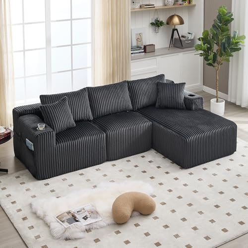 Ball & Cast L-förmiges Eckcouch mit Schlaffunktion, 3-Sitzer Sofa mit 2 Getränkehalter aus Cordbezug für das Wohnzimmer Wohnung Studio, 257 x 62 x 160 (BxHxT), Grau