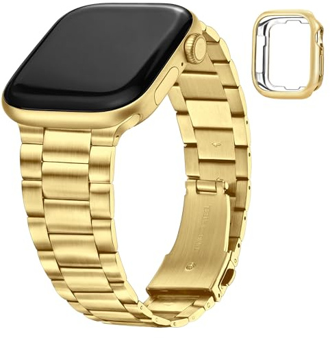 Aniaboho Dünnes Metallarmband Kompatibel mit Apple Watch Armband Gold 40mm 41mm 38mm mit Schutzhülle, Prämie Uhrenarmband Damen Herren, Dressy Edelstahl Ersatzarmband für iWatch SE 9 8 7 6 5 4 3 2 1