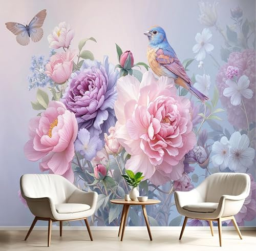 Papier Peint Panoramique Peinture À L'Aquarelle De Fleurs Et D'Oiseaux 150x105cm Revêtement Mural Pivoine Rose Tapisserie Panoramique Décoration Tableaux Muraux pour Chambre Salon Bureau, Bleu Clair
