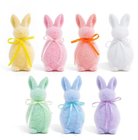 Larber 7 Stück Beflockt Osterhase Figuren Deko 10CM Mini Schaum Osterhasen Deko Mehrfarbige Hase Dekor Ostern für Tisch Geschenk Frühling Kranz Party Bauernhaus Heim Dekoration