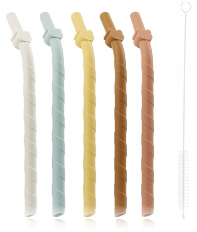 5 Pcs Silicone Straws, Wide Reusable Bendy Straws with Cleaning Brush, BPA-Free, Colourful Drinking Straw, for Elderly Adults Juice Coffee Cold Hot Drinks and Smoothies