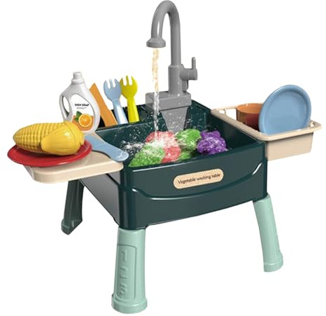 Fregadero de juego para niños con agua corriente, 23 unidades/juego, fregadero de juguete de plástico seguro con corte de frutas y verduras y grifo de trabajo para niños niñas mayores de 3 años