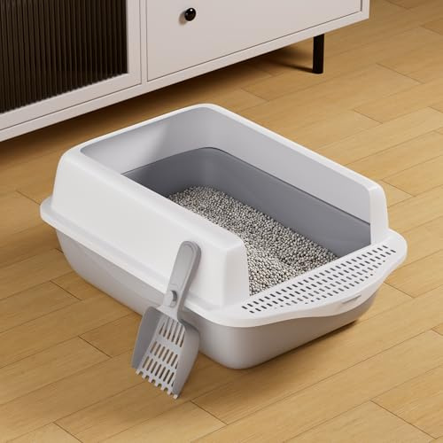 Cat Litter Tray with Scoop | Large Open-Top Plastic Litter Box | Deep Tray with Detachable Rim | Easy Clean Kitty Litter Box