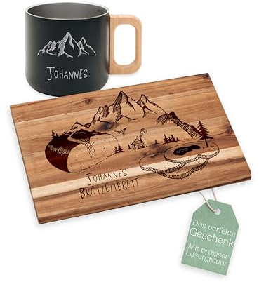 Abenteuernah Personalisiertes Vesperbrett Gravur und Tasse, Papa | Vatertag Brettchen, Opa Jausenbrett, Brotzeitbrett Wandern, Holzbrett Angler, Rennrad, Berg, Frühstücksbrett Camper