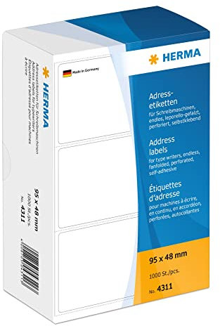 HERMA 4311 Adressetiketten für Schreibmaschinen, endlos, 95 x 48 mm, 1000 Stück, selbstklebend, matt, leporello-gefalzt, blanko Papier Adressaufkleber Klebeetiketten Aufkleber, weiß