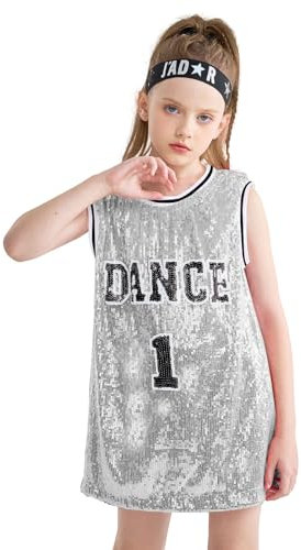 LOLANTA Vestito da Canotta Senza Maniche con Scollo a Barchetta Scintillante Hip Hop Dancewear, Argento, 6-7 Anni, 130