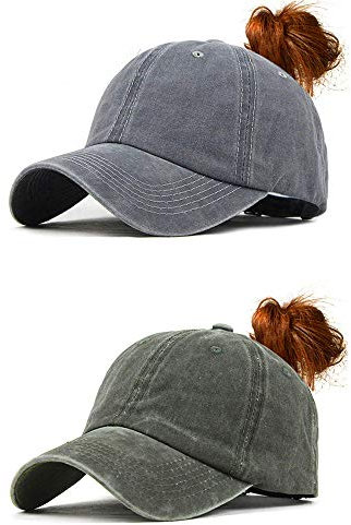 CheChury Damen Pferdeschwanz Kappe 2er Set Cap Mesh Baseball Kappe Ponytail Baseballmütze Outdoor Basecap (Grau + Grün)