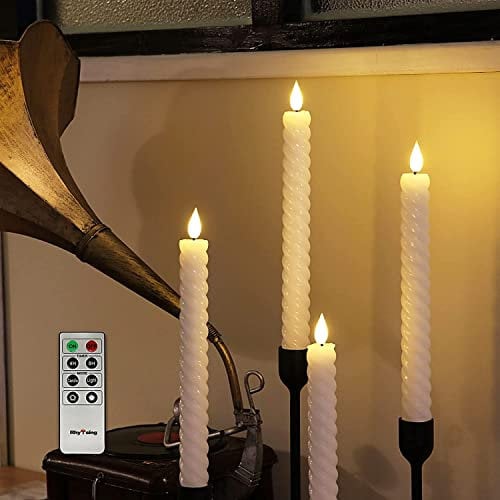 Rhytsing Set of 4 White Flameless Twist Taper Candles with Timer, Battery Powered Spiral Table Dinner Wedding Candles, Warm White Light, Remote & Batteries Included