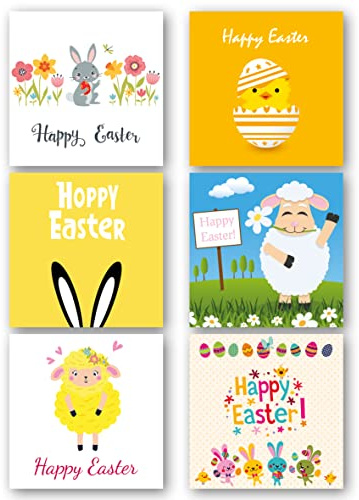 Easter Cards Pack of 6. Multipack has 6 Different Cute Easter Designs. Ecofriendly, Recyclable, Plastic Free Cards, envelopes and Box. Blank Inside.
