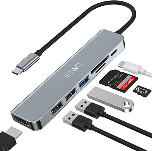 Hub USB C, JESWO 7 en 1 Adaptateur USB C avec HDMI 4K, USB 3.0, Lecteur de Cartes SD/TF, 100W PD, Adaptateur Multiport Compatible avec MacBook Pro/Air, iPad Pro, Dell XPS Appareils Type-C...(Gray)
