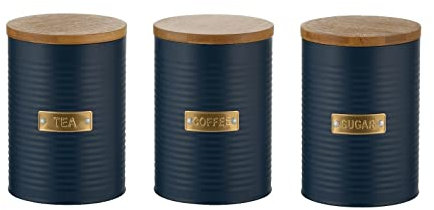 Monal Set of 3 Round Containers Perfect for Storing Living Airtight Tea Coffee and Sugar Kitchen Storage Caddy Canister Jars with Bamboo Lid Silver Badge Detail, 1 Litre (Otto Navy)