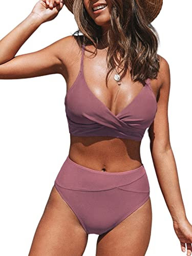 CUPSHE Damen Bikini Set Crossover High Waist Bikini Bademode Wickeloptik V Ausschnitt Raffungen Zweiteiliger Badeanzug Swimsuit Traube Lila M