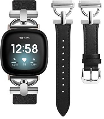 Wearlizer Lederarmband Kompatibel mit Fitbit Sense Armbänder/Versa 3/Versa 4/Sense 2 Armbänder Damen, Dressy Lederband mit D-Shape Metallschnalle für Versa 3/Sense Smartwatch, Schwarz/Silber