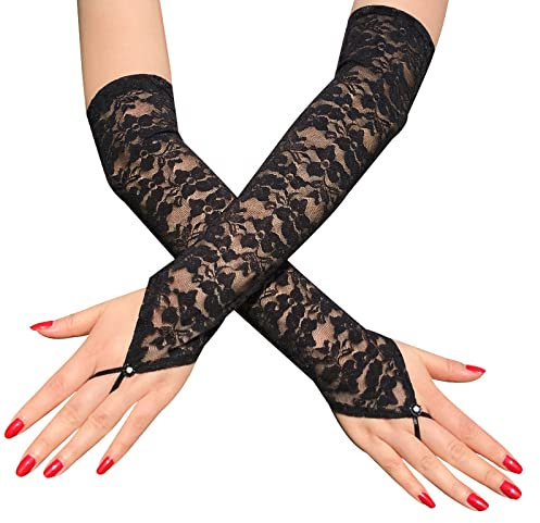 Suxgumoe Womens Long Lace Gloves,Floral Ladies UV Protection Elbow Lace Arm Sleeves Prom Opera Bridal Wedding Gloves for Halloween Tea Party Driving Riding