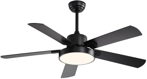 KPUY Ventilatore da soffitto con luce e telecomando, con 5 pale in legno compensato, luce a LED dimmerabile a 3 colori, motore silenzioso reversibile a 6 velocità DC (132 cm, nero opaco)
