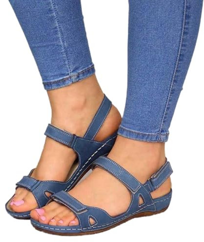Womens Orthopedic Sandal, Comfort Wedge Sandals for Women, Orthotic Open Toe Ladies Sandals, Summer Anti-Slip Platform Beach Shoes, Cushion Walk Leather Sandals with Arch Support (4.5, Blue)
