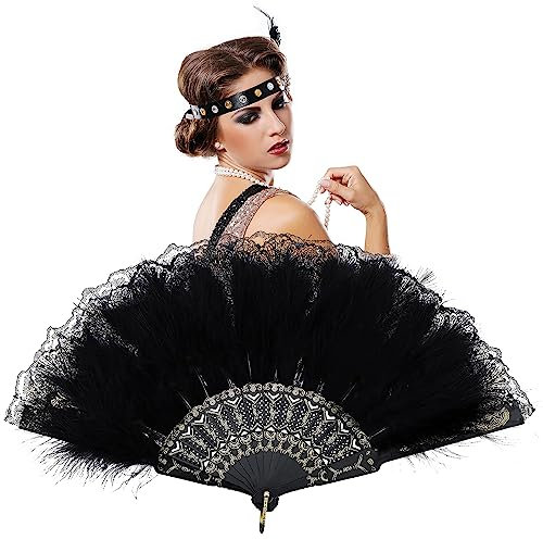 FUKPO Fächer Federn Schwarz, Federfächer 1920er Handfächer Spitze Vintage Feather Fan, Spitzenfächer Fächer Feder 20er Jahre Damen Kostüm Tanzen Show Hochzeit Karneval Party Flapper Zubehör