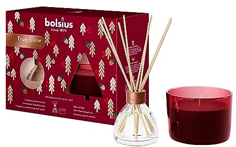 Bolsius - Geschenkset mit Duftstaben und Duftkerze - True Glow - Winter Spices - Bordeauxrot - Festliches & Winterliches Dufterlebnis - Dekorative Haushaltkerzen - Ohne Palmöl
