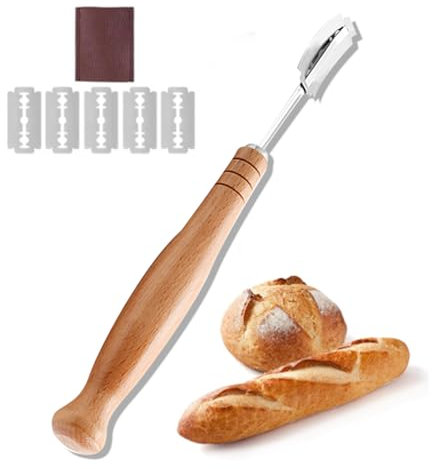 Lame para Pan Premium con Estuche de Cuero y 5 Cuchillas de Repuesto - Herramienta para Marcar Masa de Acero Inoxidable (color madera)