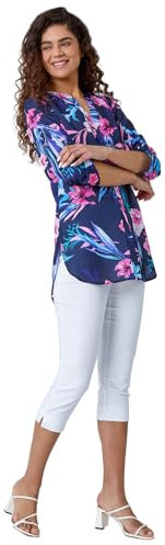 Roman Originals Shirt Top for Women UK Ladies Collarless Blouse Smart Tunic Button Through Longline Asymmetric Hem 3/4 Length Roll Up Sleeves V Neck Going Out - Pink & Navy - Size 14