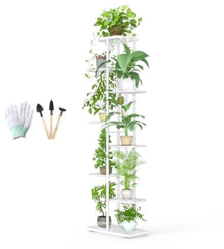 MAIJIAJU Metal Plant Stand Indoor Outdoor 8 Tier Plant Shelf with Gardening Tools and Gloves, 141cm Tall Flower Stand Organizer Corner Shelf Unit Display Rack for Garden Patio Living Room, White