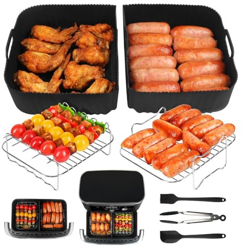 YQL 7PCS Large Dual Air Fryer Accessories for Ninja Foodi Flexdrawer Dual Airfryer 10.4L AF500UK/AF500UKCP, Including Silicone Air Fryer Liners, Grilling Racks with 5 Skewers, Oil Brush, Sputula, Tong