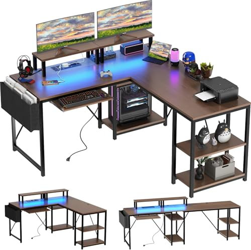 Flamaker L Shaped Gaming Desk with Led Lights&Power Outlet,140 x 140 cm Corner Gaming Desk for Home Office,Reversible Computer Desk with Monitor Stand & Storage Shelve, Walnut