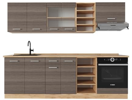 Vicco Küchenzeile R-Line, Küchenblock, Edelgrau/Goldkraft Eiche, 240 cm, AP Eiche